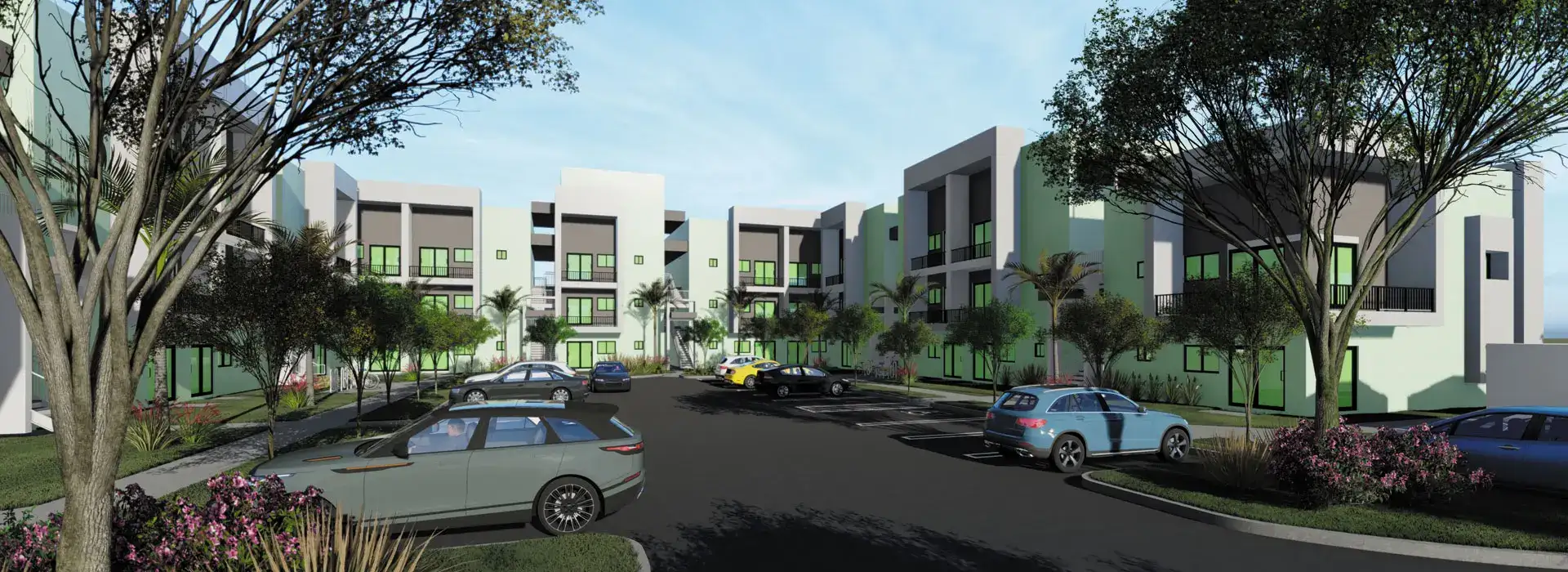 Pompano Pointe apartment building and court view from the inner parking lot