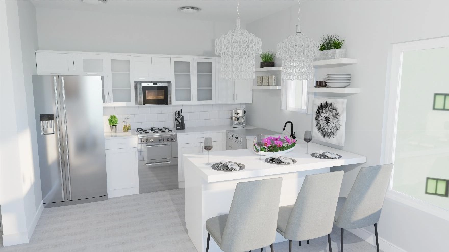 beautiful fully furnished and equipped white kitchen view for the Diamond apartment model in Pompano Pointe Residential