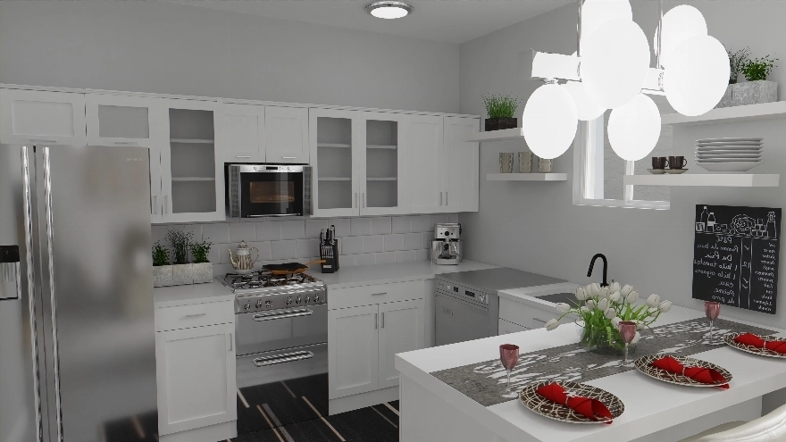 beautiful fully furnished and equipped white kitchen view for the Amber apartment model in Pompano Pointe Residential